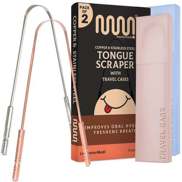 MasterMedi Tongue Scraper for Adults, 100% Stainless Steel & Copper, Easy to Use, Tongue Cleaner