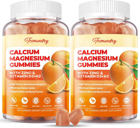 Calcium Magnesium Zinc Gummies with Vitamin D3 & K2, High Absorption Magnesium Glycinate 400mg