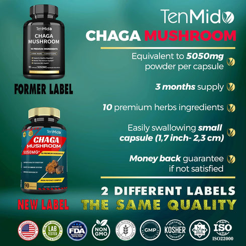 Chaga Mushroom Extract Capsules - Equivalent to 5050mg, Digestive Health, Anti-Aging, Immune Support, 3 Months Supply