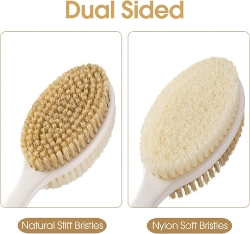 Anti-Slip Body Scrubber for Shower - Long Handle Exfoliating Back Brush with Stiff and Soft Bristles (Pink)