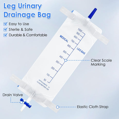 5 Pack 33.8oz/1000ml Leg Bag Urinary Drainage Bag with Cloth Straps, Catheter Leg Bags with Anti Reflux Valve for Men