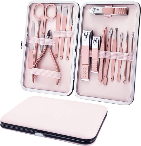 Professional Nail Clippers Kit, 16PC Manicure Set with Pink Travel Case, Premium Stainless Steel Grooming Tools