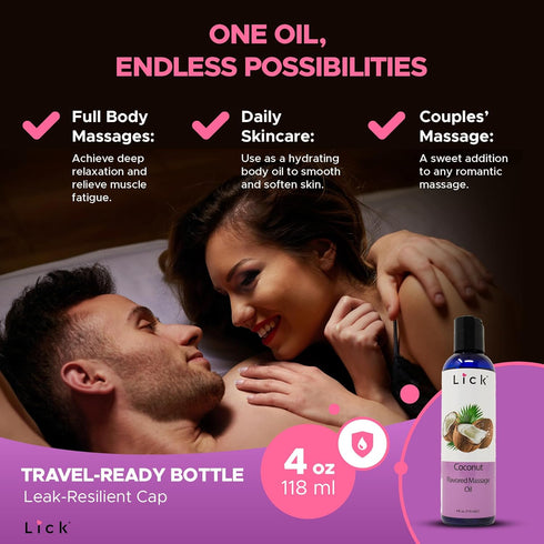 Coconut Flavored Massage Oil for Couples – Edible Massaging Lotion with Vitamin E, Sweet Almond and Coconut Oil, Non