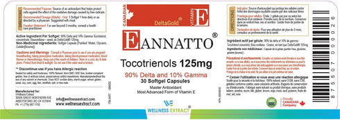 Eannatto Tocotrienols Deltagold Vitamin E Supplements Softgels, 125 MG, 30 Softgels, Tocopherol Free, NON-GMO, Gluten