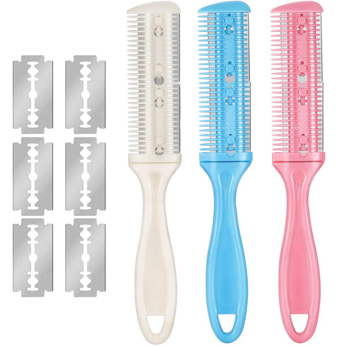 Maitys 3 Pieces Hair Cutting Comb Set with 10 Razors, Double Edge Razor and Thinning Comb in White, Pink, Blue