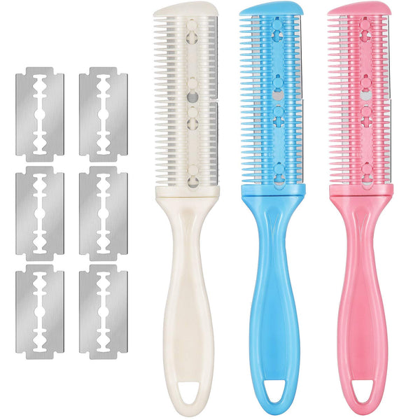 Maitys 3 Pieces Hair Cutting Comb Set with 10 Razors, Double Edge Razor and Thinning Comb in White, Pink, Blue