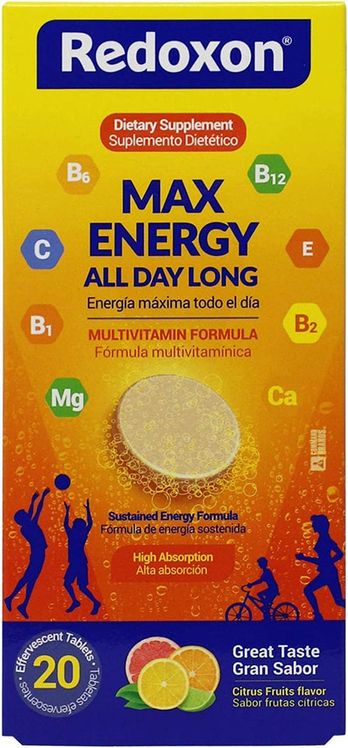 Redoxon Max Energy | Citrus Flavor | 20 Effervescent Tablets | 2.82 Oz Box | Helps Support Immune System