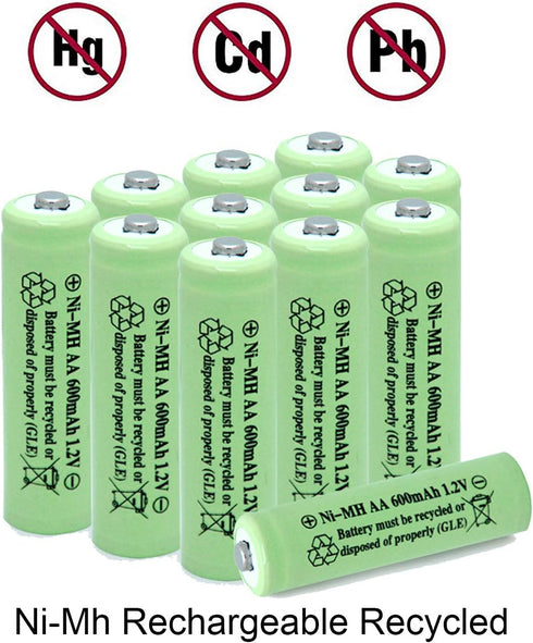 AA Solar Light Batteries NIMH 600mAh 1.2V Double A Rechargeable for Garden Lawn Landscaping Solar Lights (12Pcs)