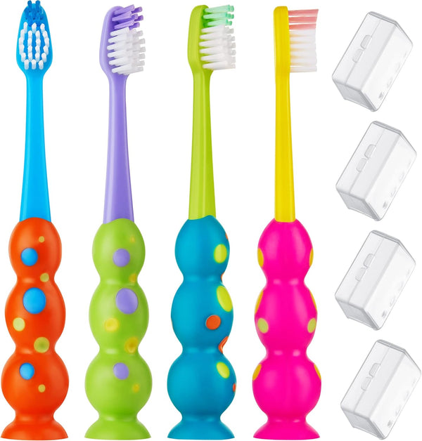 Kids Toothbrush 4 Pack, Soft Bristles with Suction Cup, Multi-Color, Child Sized Brush Heads for Ages 3-10