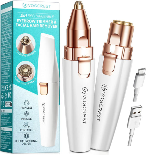 Rechargeable 2 in 1 Eyebrow and Facial Hair Remover for Women with Built-in LED Light for Painless Hair Removal