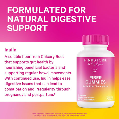 Pink Stork Prenatal Fiber Gummies for Women - 3g Prebiotic Inulin, Natural Pregnancy & Postpartum Stool Softeners