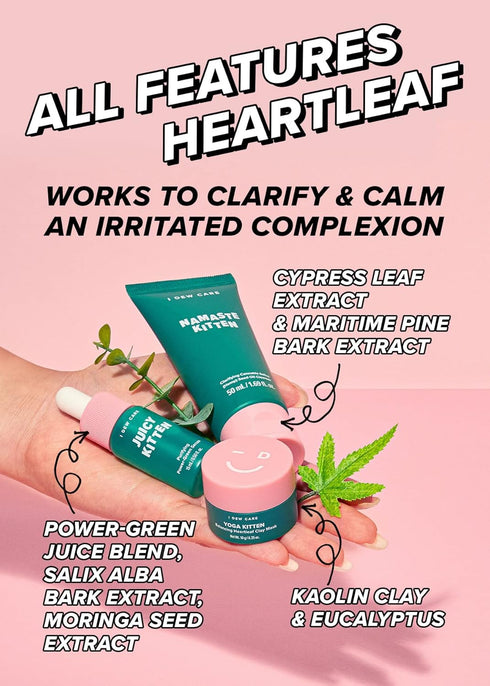I Dew Care Skincare Set - Kitten My Balance On | Includes Kaolin, Heartleaf Extract, Foam Cleanser, Wash-off Mask, Serum