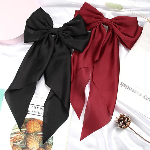 SUSULU Women's Satin Silk Bow Hair Accessories, Metal Clips with Long Tail Ribbon Hairpins (2pcs, Burgundy Black)