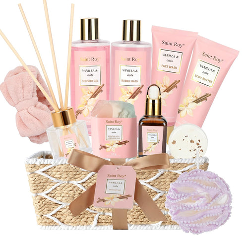 Spa Gift Basket Vanilla Oat 14 Pcs Bath Scents for Women, Home Spa Gift Set with Shower Gel, Body Oil, Diffuser, & More