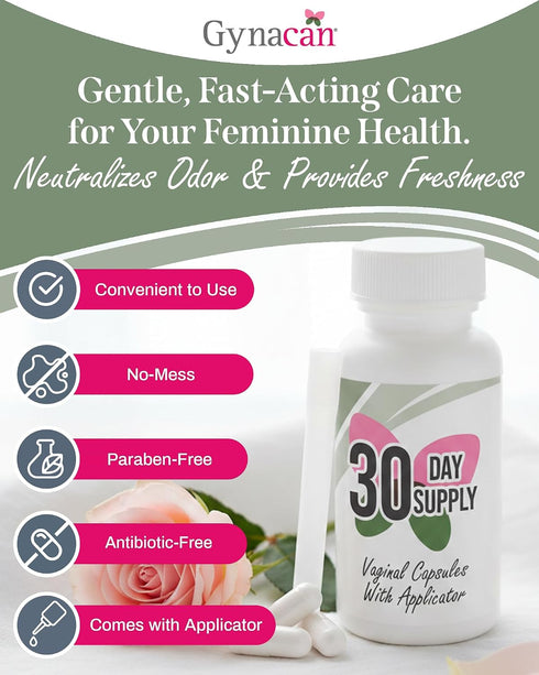 Gynacan Boric Acid Vaginal Suppositories Advanced Feminine pH Balance Support, Odor Control & Itch Relief, Pure