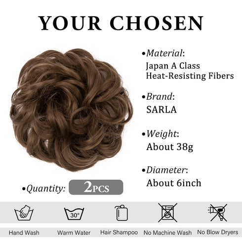 SARLA 2PCS Messy Hair Bun Pieces Wavy Curly Synthetic Updo Scrunchies Ponytail Extension (Medium Brown)