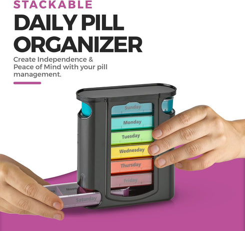 Stackable Daily Pill Organizer - Weekly Medication Reminder, Premium AM/PM Pill Box with 7 Individual Stacking Cases