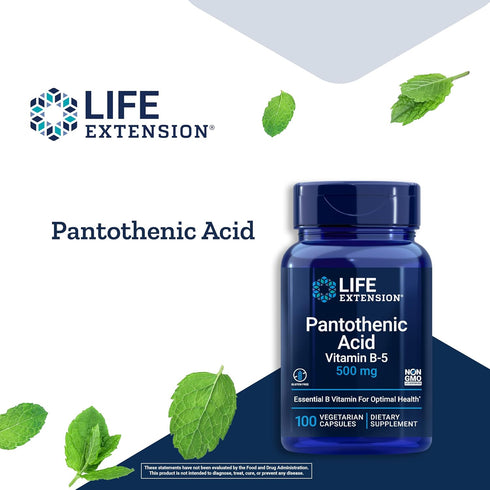 Life Extension Pantothenic Acid 500 mg, Essential B Vitamin for Optimal Health, 100 Capsules