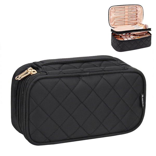 Relavel Small Makeup Bag, Travel Cosmetic Organizer for Women, 2 Layer Waterproof Black Makeup Pouch with Zipper