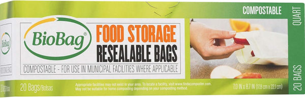 BioBag 100% Certified Compostable Resealable Food Storage Bags, Quart Size, 20 Count