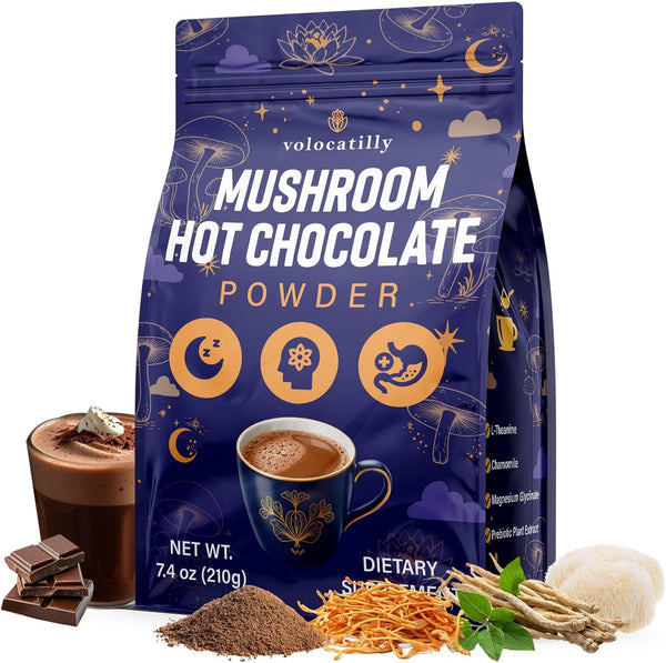 Volocatilly Mushroom Hot Cocoa with Magnesium Glycinate, Reishi, L-Theanine, Ashwagandha, Lemon Balm, Lavender,