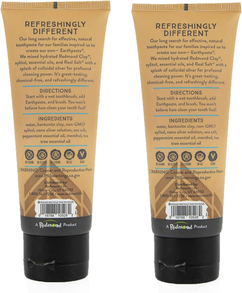 Redmond Earthpaste w/Silver, Natural Non-Fluoride Toothpaste, 2 Pack (Peppermint)