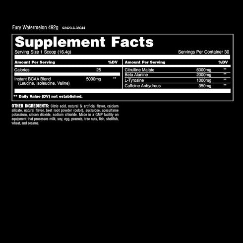 Animal Fury Pre Workout Powder Supplement for Energy and Focus, 5g BCAA, 350mg Caffeine, Watermelon, 16.96 Ounce