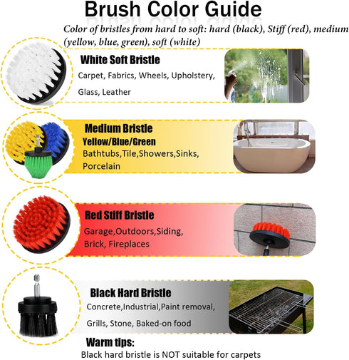 7Pcs Drill Brush Attachment Set, 1/4in Power Scrubber Brush + Extend Long Attachment for Multi-Purpose Cleaning