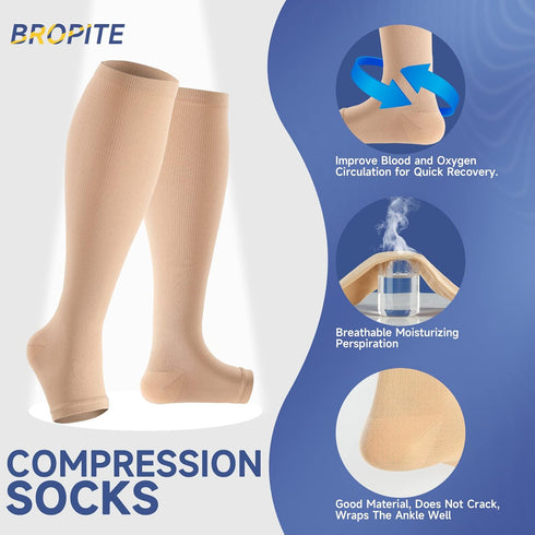 bropite Open Toe Compression Socks for Men & Women, 2 Pairs of 15-20 mmhg Knee High Stockings for Circulation Support