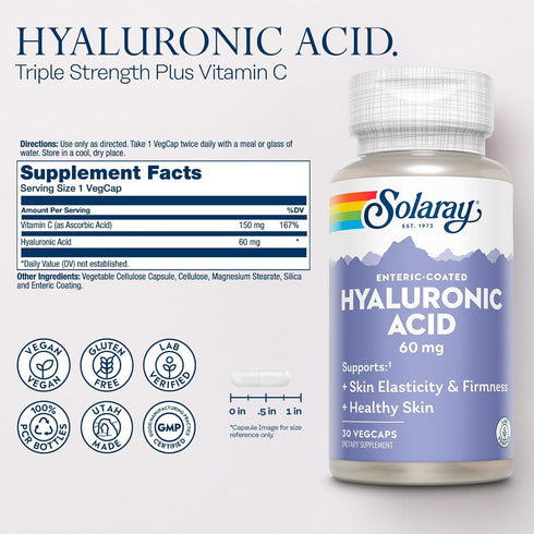 Hyaluronic Acid Triple Strength, SOLARAY, Skin Elasticity Support, 30 Servings, 30 VegCaps