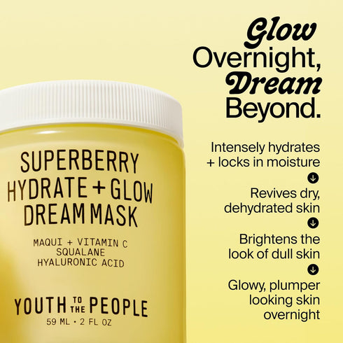 Youth To The People Superberry Glow Dream Mask - Brightening Overnight Face Mask + Hyaluronic Acid Night Moisturizer