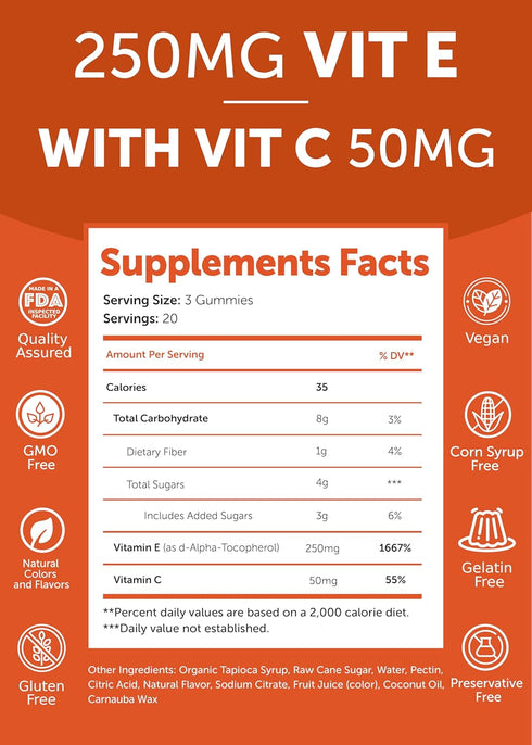Vitamin E Gummies with Vitamin C | 60 Count | 250mg (400IU) Vit E | Antioxidant, Skin & Eye Health Support, Non-GMO
