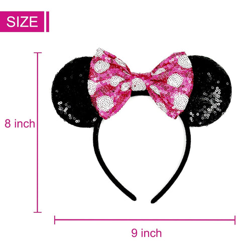 Mouse Ears Headbands for Women, Shiny Bows for Birthday Events, Party Accessories (Rose Pink, 1 Count)