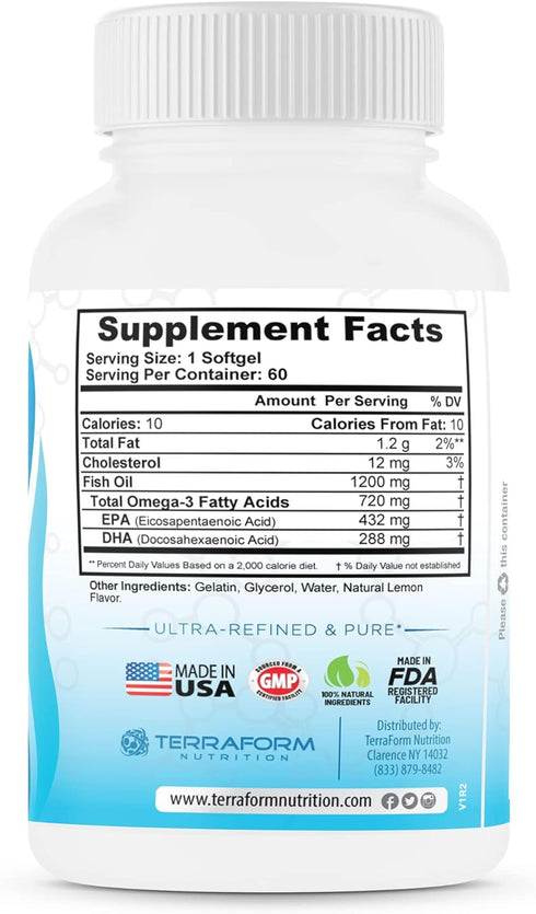 Triple Strength Fish Oil Omega 3, 2400mg per Serving, Burpless Lemon Flavored, Non-GMO, 30 Servings