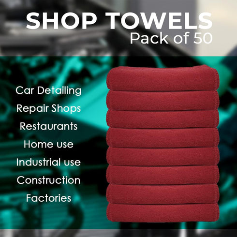 Avalon Towels Cotton Shop Rags: Pack of 50, 12x14 Inches Cleaning Rags for Automobiles, Industries & Homes (Red)