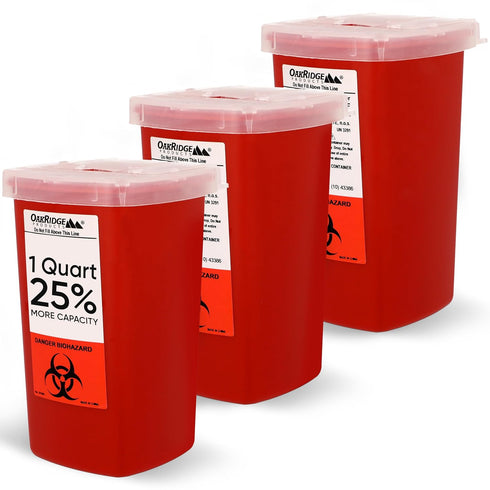 Oakridge Products 1 Quart Sharps Container for Home Use and Professional, Biohazard Needle and Syringe Disposal, 3-Pack