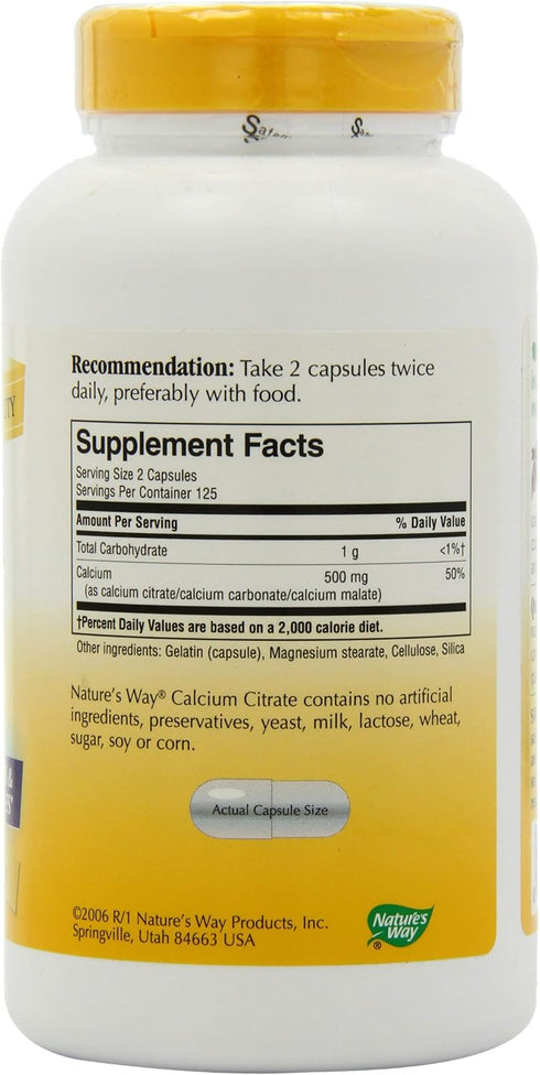 Nature's Way Calcium Citrate, 500 mg Calcium per 2-Capsule Serving for Bone Health & Muscle Function - 250 Capsules