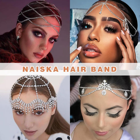NAISKA Boho Layered Gold Head Chain, Turquoise Tassel Hair Jewelry for Women and Girls, Festival Prom Party