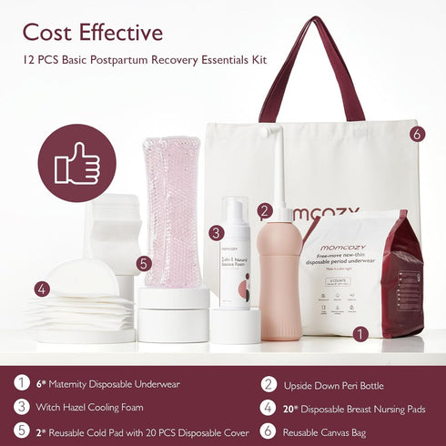 Momcozy Postpartum Recovery Essentials Kit, Labor Delivery Care Kit, Disposable Underwear, Nursing Pads, Peri Bottle Set