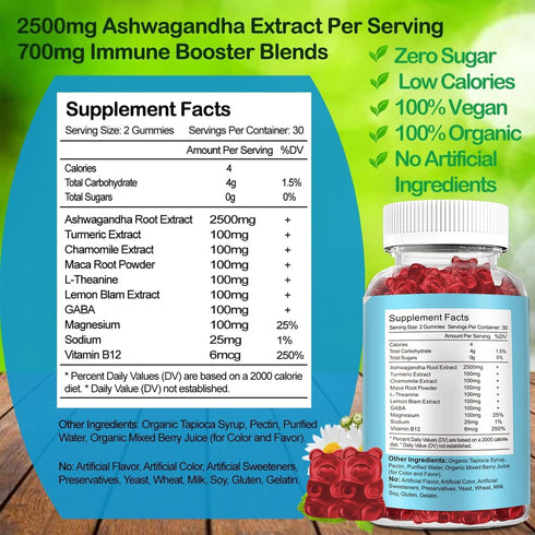 Ashwagandha Gummies with Maca Root and L-theanine, 2500mg Organic Ashwa Root Supplement Gummy for Men & Women, 60 Vegan