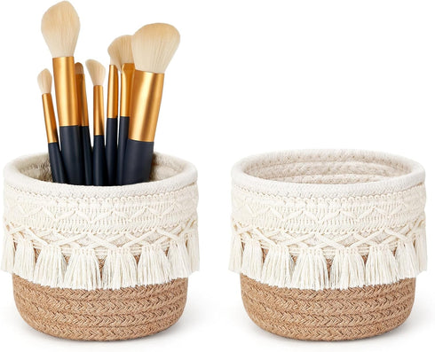 Mkono Macrame Makeup Brush Holder, Organizer Comb Brushes Mini Storage Basket Set of 2, Boho Decor Baskets, Yellow and