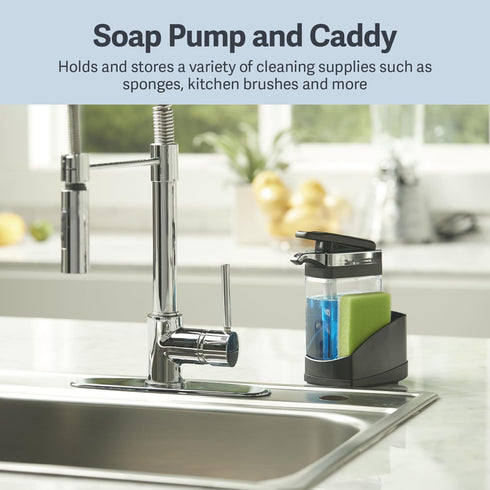 Casabella Sink Sider Solo Kitchen Soap Pump and Sponge Caddy - Black/Chrome 2-in-1 Design