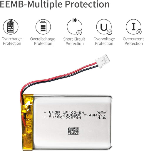 EEMB 3.7V Lithium Polymer Battery 2000mAh 103454 Lipo Rechargeable Pack with Wire JST Connector for Wireless Devices