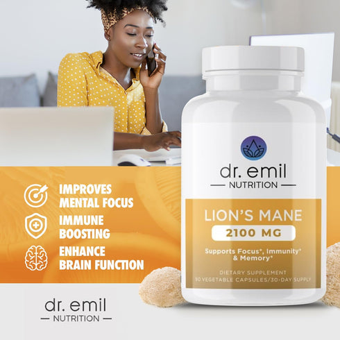 DR. EMIL NUTRITION 2100mg Organic Lions Mane Supplement Capsules - Focus, Mental Clarity, Cognition - Nootropic