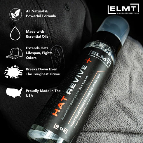 ELMT Hat Cleaning Kit — US-Made, Quick-drying, Cleans 50+ Hats — 8oz Solution, Deodorizer, Towel & Brush for All