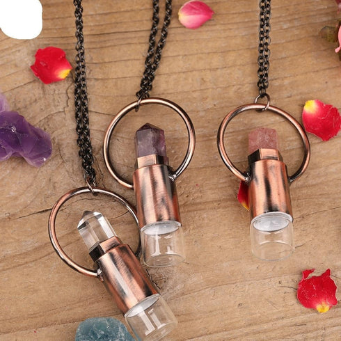HXSCOO 2ML Natural Amethysts Strawberry Quartz Roll On Perfume Bottle Pendant Necklace Women Quartz Crystal Essential
