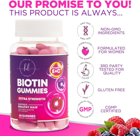 Hair Vitamins Gummy with Biotin 5000 mcg, 60 Non-GMO Gummies for Thicker, Stronger Hair, Skin & Nails