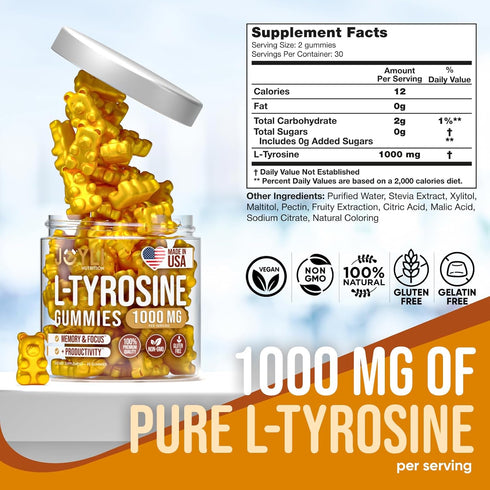 Joyli L Tyrosine Gummies 1000MG - L-Tyrosine Supplement for Kids & Adults, Calm & Focus Gummies for Brain, Mood