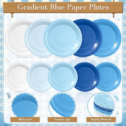 Zhehao 175 Set Pcs Blue Party Supplies Blue Disposable Tableware Kit with Plates, Cups, Napkins, Cutlery Ocean Sea