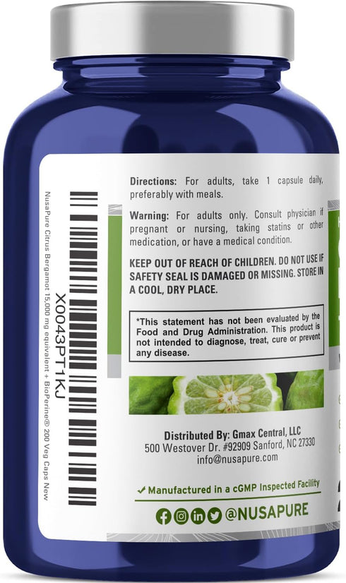 NusaPure Citrus Bergamot Capsules 15,000mg - 200 Capsules, 25:1 Bergamot Extract, Bioperine, Vegan, Non-GMO